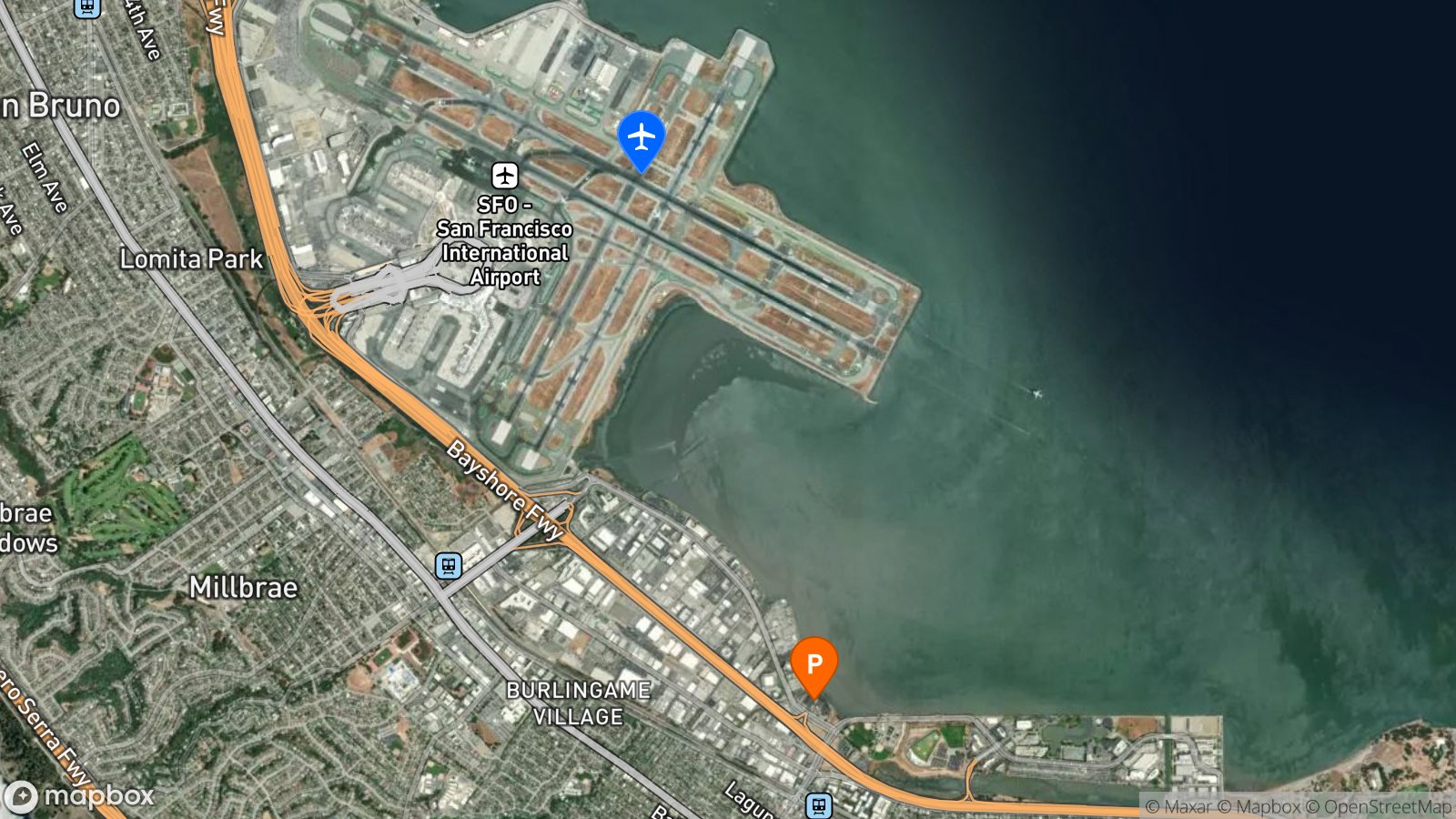 Satellite view of parking lot and SFO airport