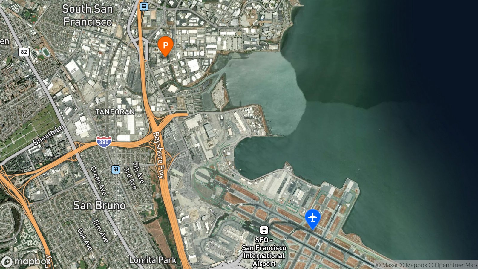 Satellite view of parking lot and SFO airport