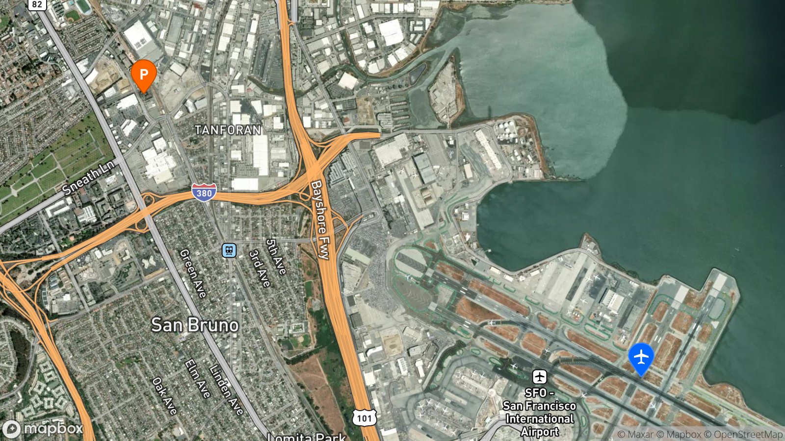 Satellite view of parking lot and SFO airport
