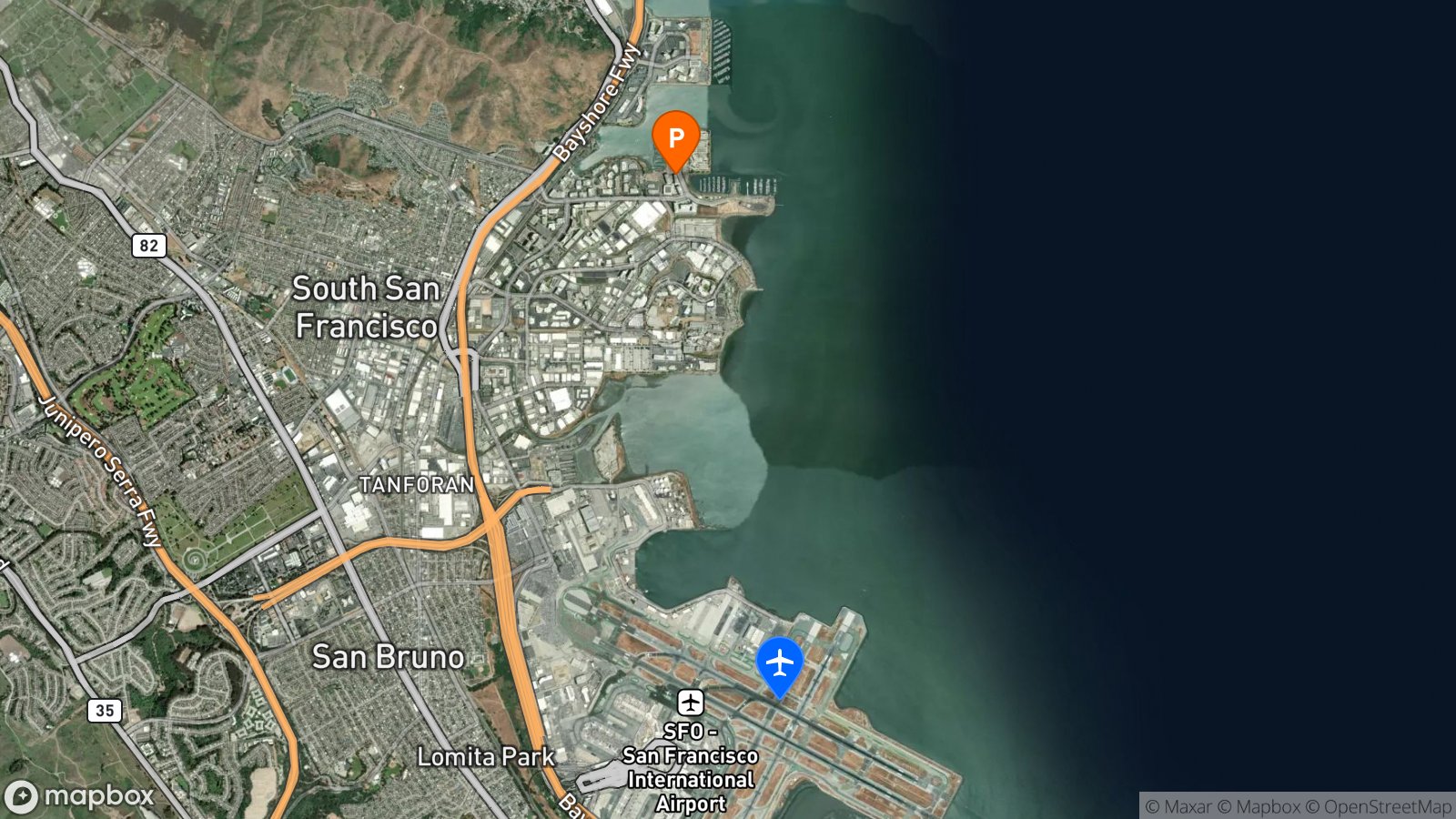 Satellite view of parking lot and SFO airport