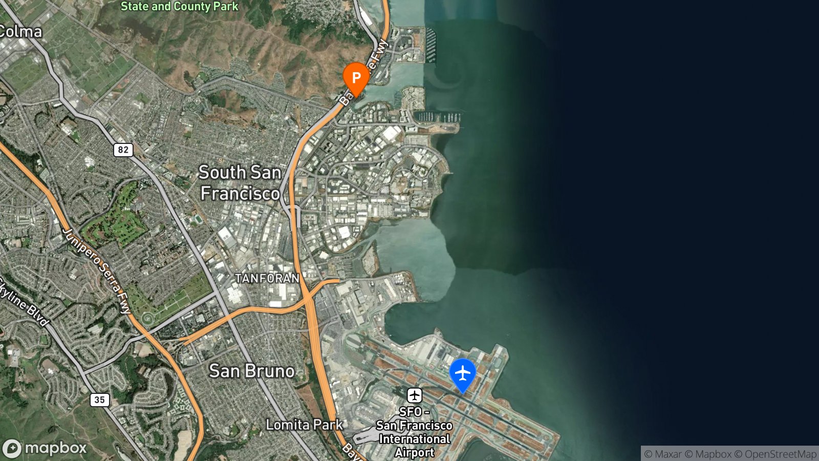 Satellite view of parking lot and SFO airport