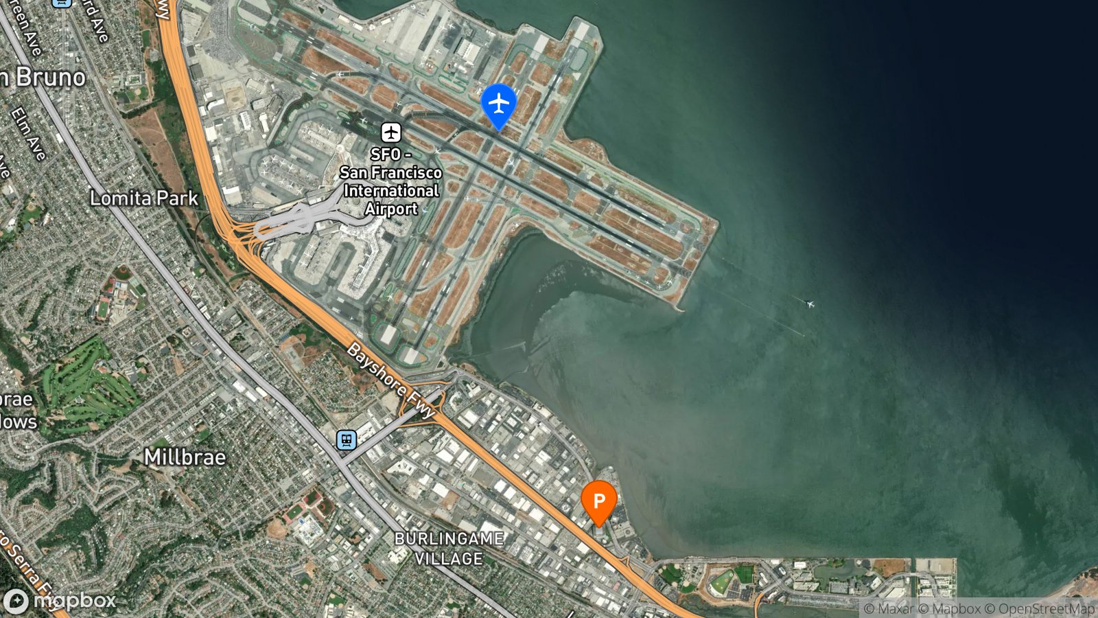 Satellite view of parking lot and SFO airport
