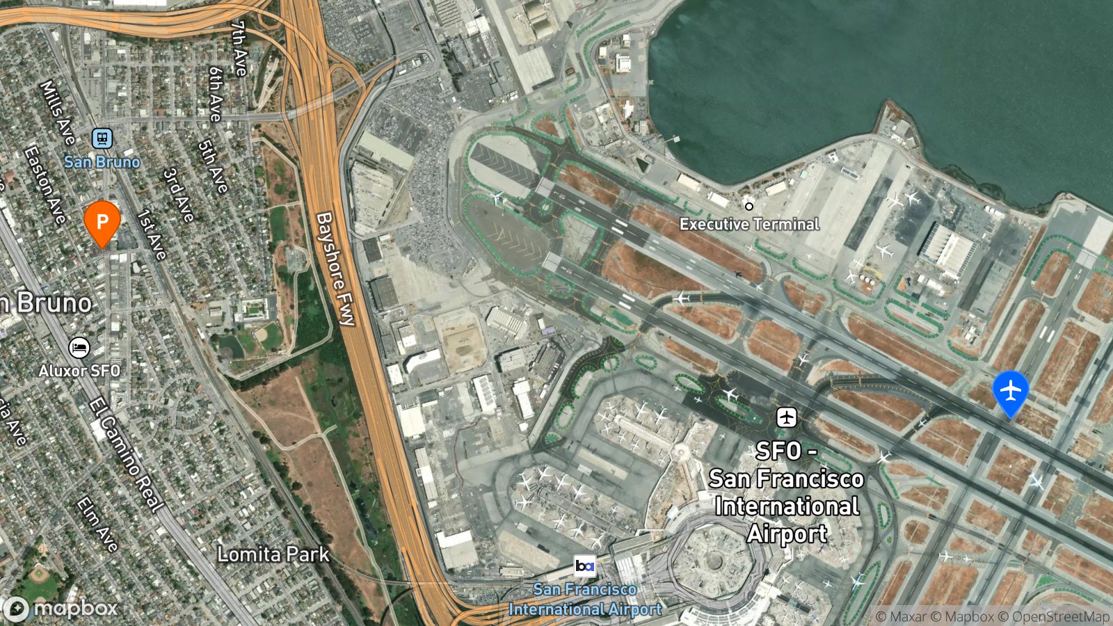 Satellite view of parking lot and SFO airport