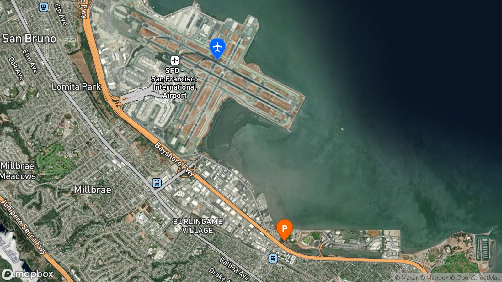Satellite view of parking lot and SFO airport