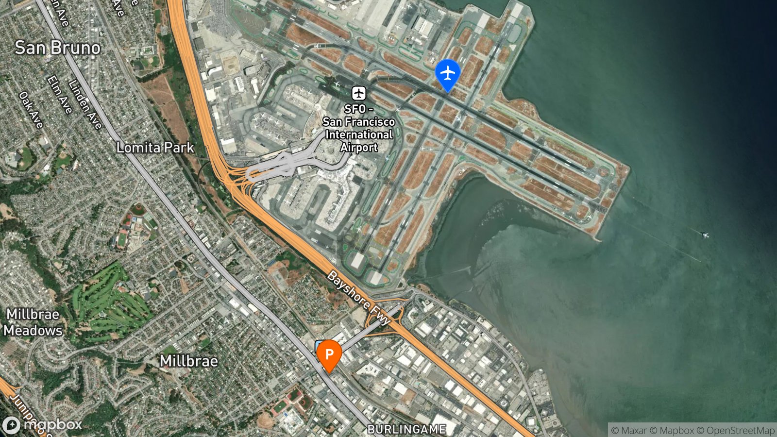 Satellite view of parking lot and SFO airport