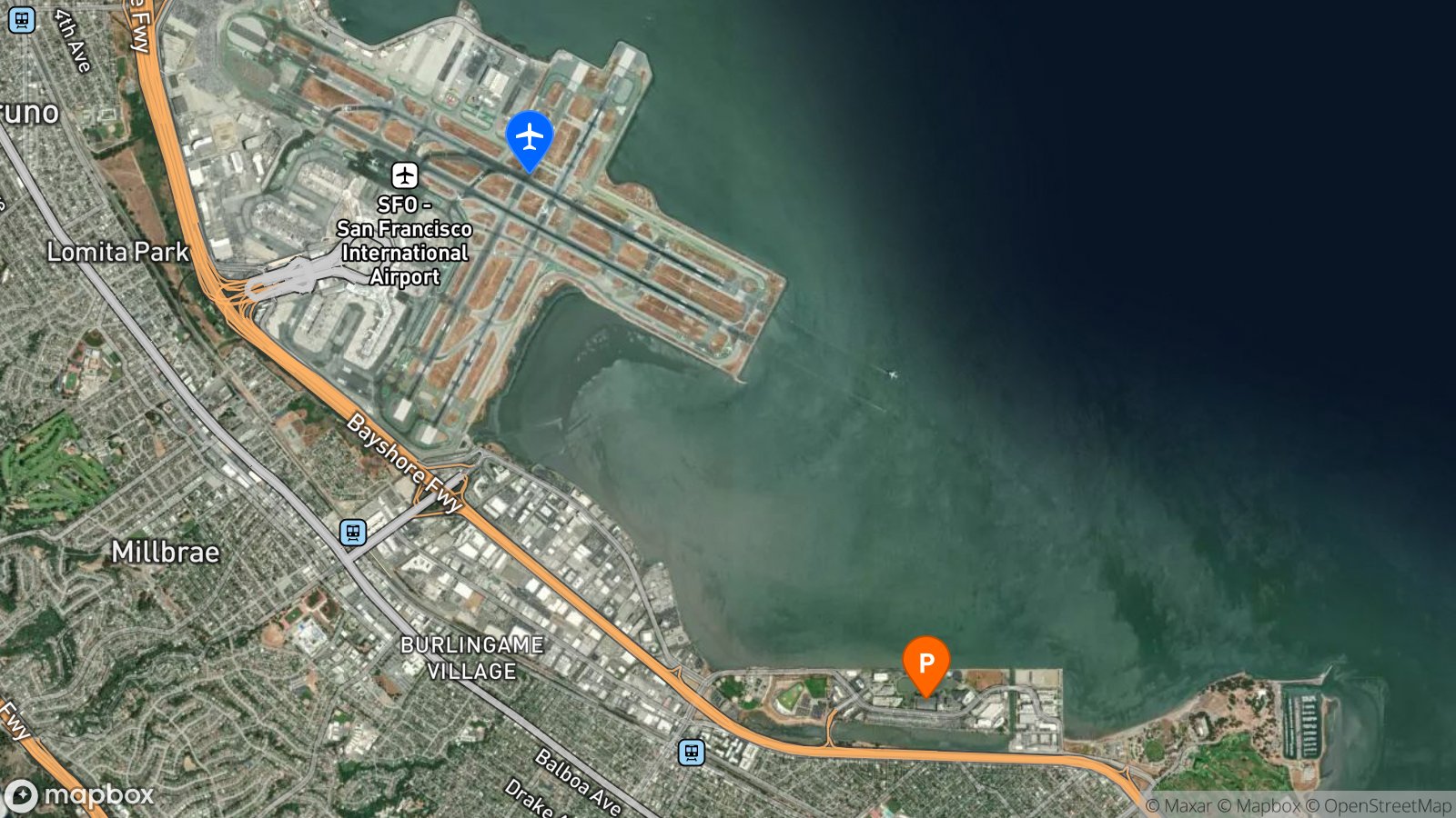 Satellite view of parking lot and SFO airport