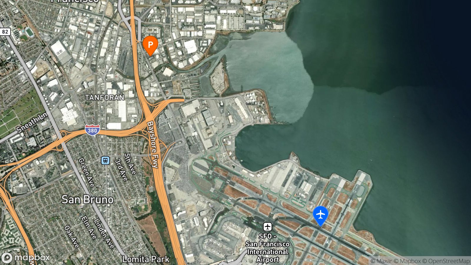 Satellite view of parking lot and SFO airport