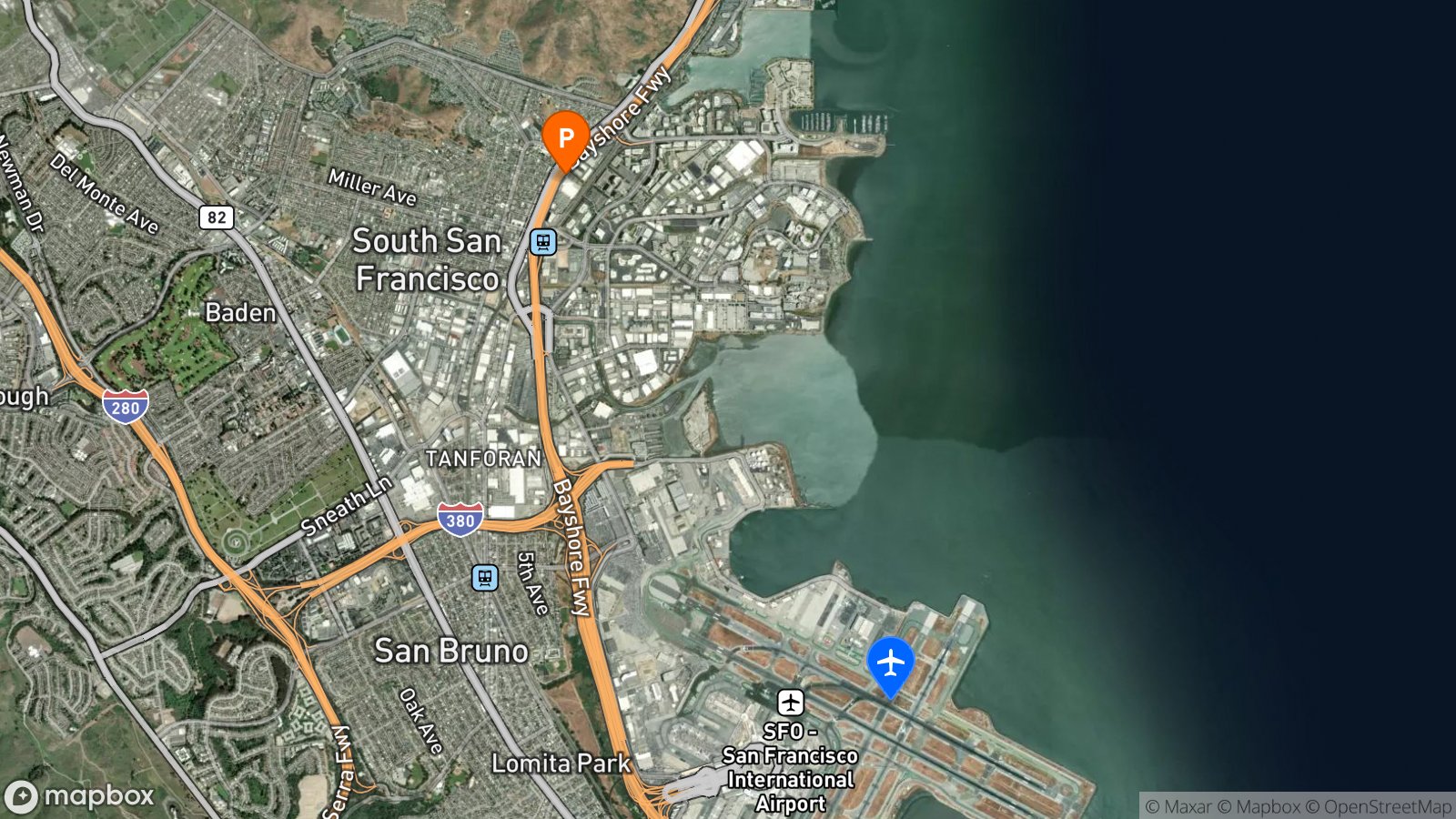 Satellite view of parking lot and SFO airport