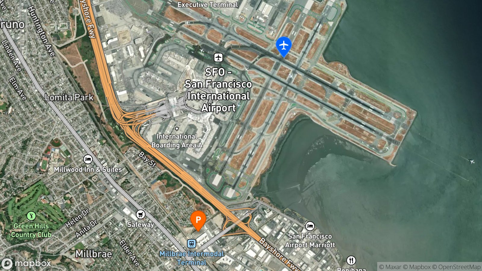 Satellite view of parking lot and SFO airport