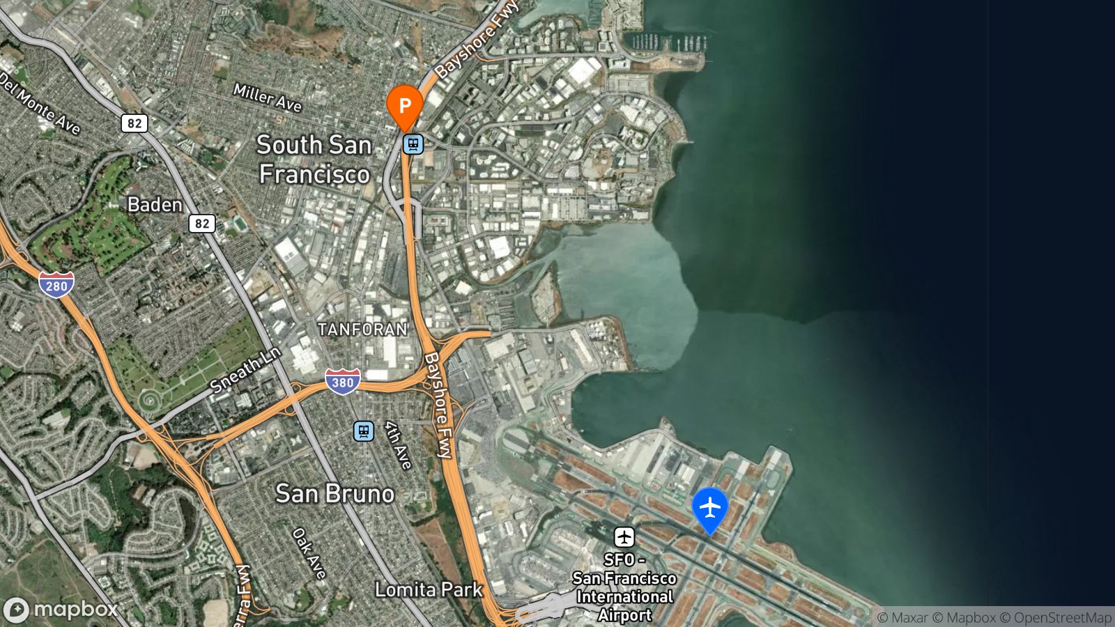 Satellite view of parking lot and SFO airport
