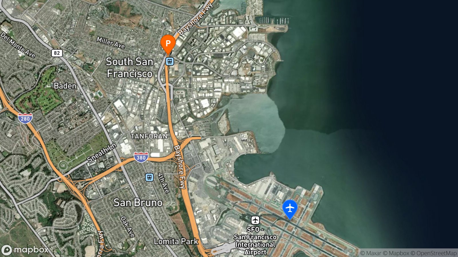 Satellite view of parking lot and SFO airport