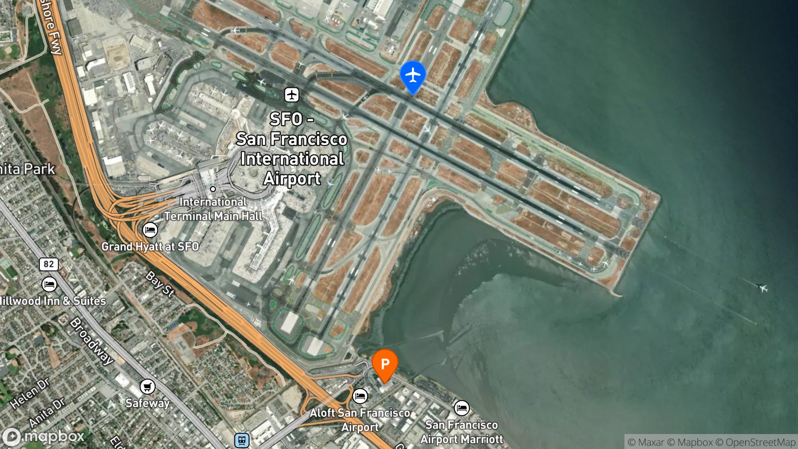 Satellite view of parking lot and SFO airport