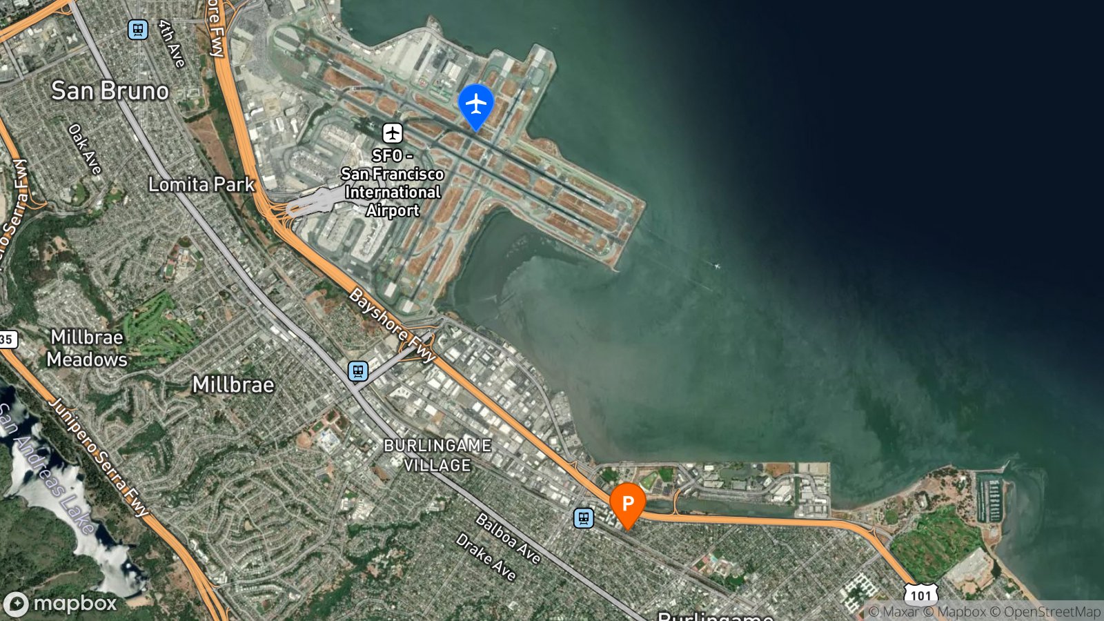 Satellite view of parking lot and SFO airport
