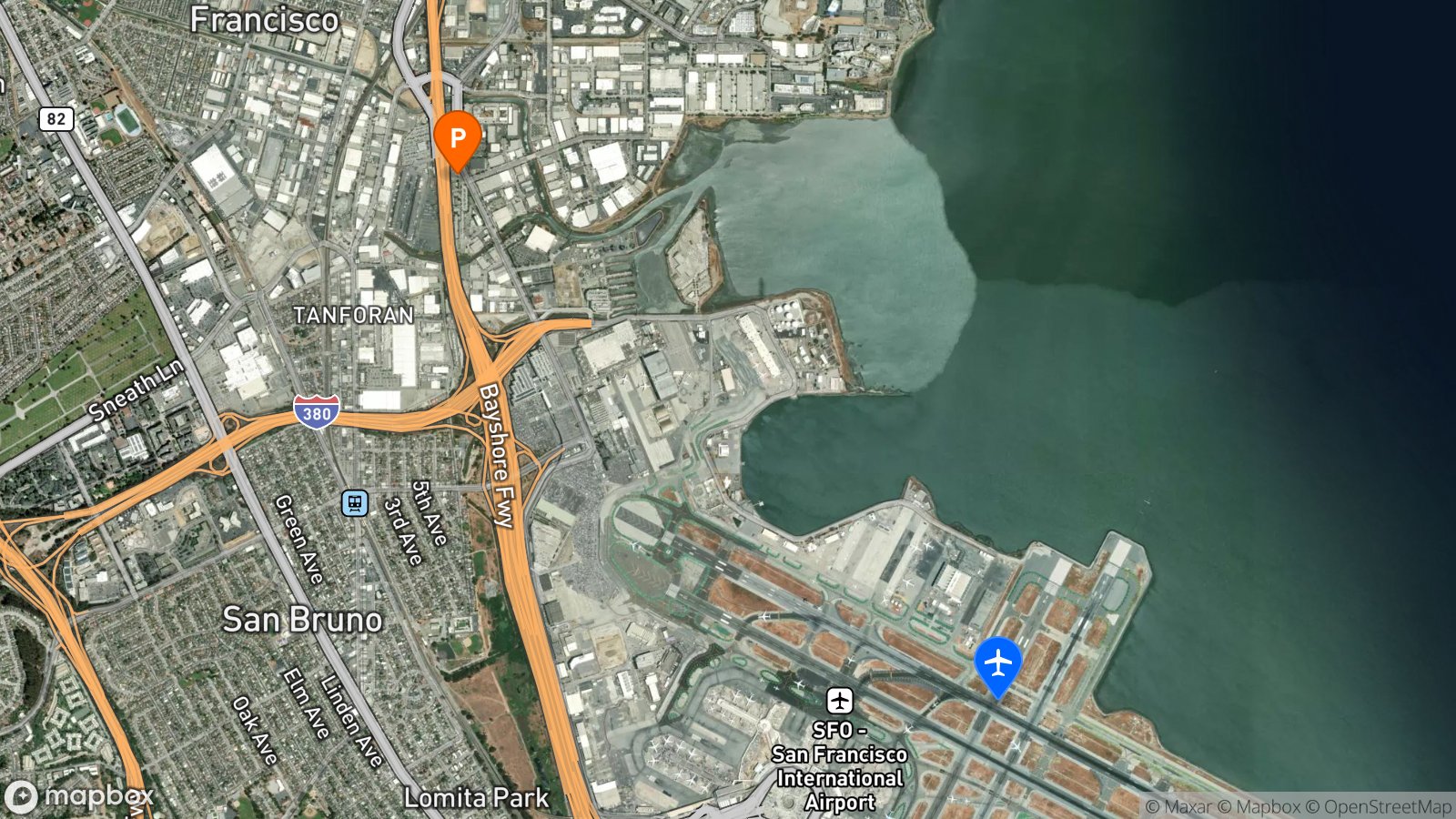 Satellite view of parking lot and SFO airport