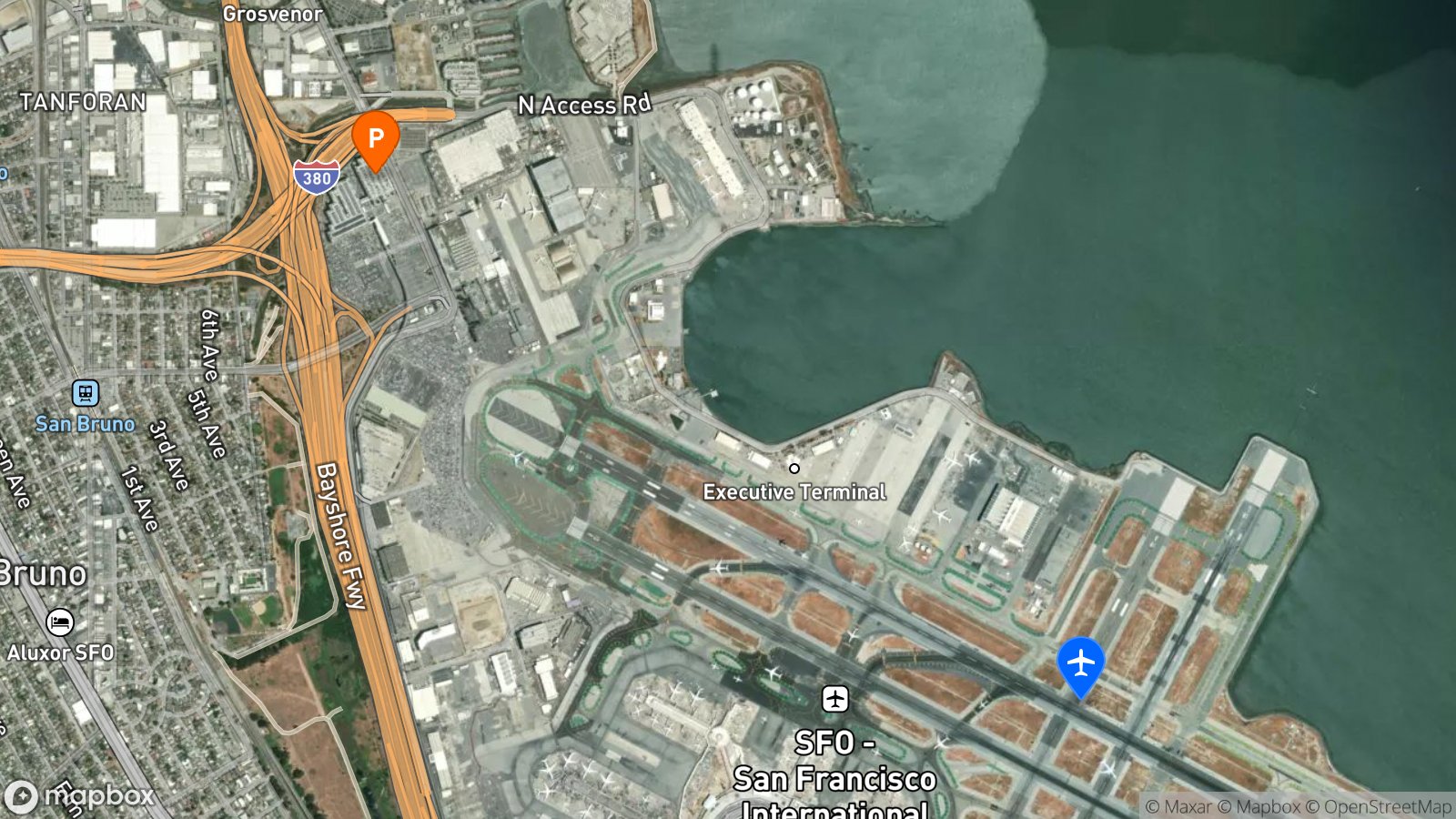 Satellite view of parking lot and SFO airport