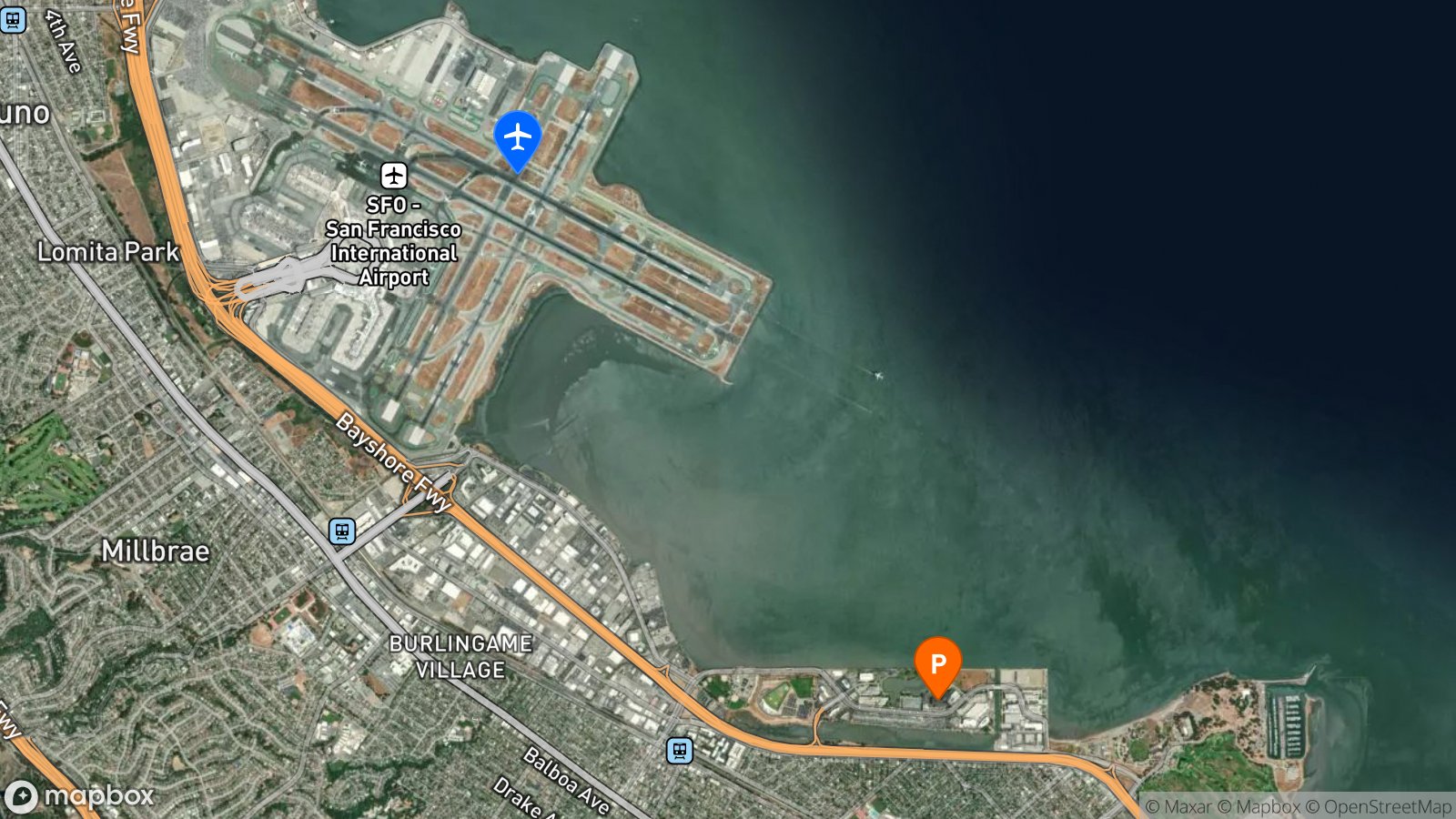 Satellite view of parking lot and SFO airport