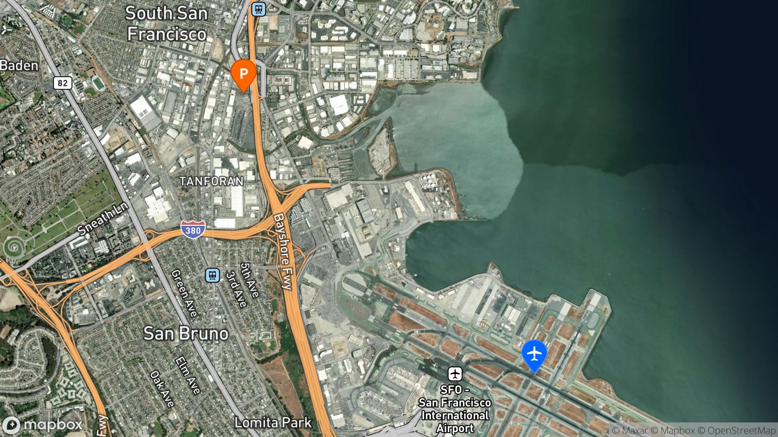 Satellite view of parking lot and SFO airport