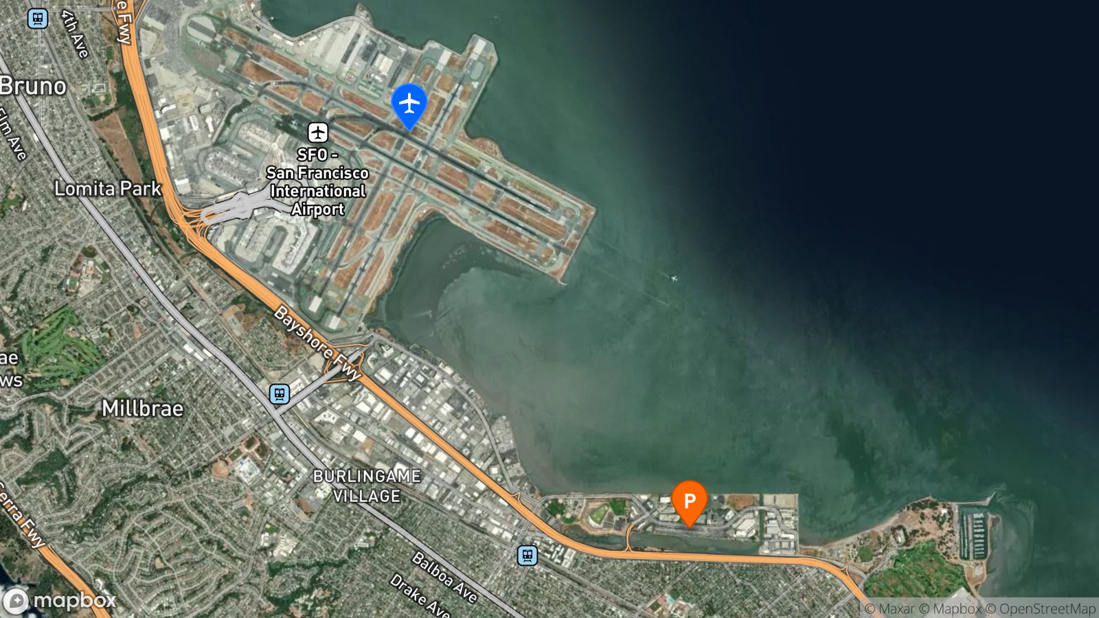 Satellite view of parking lot and SFO airport