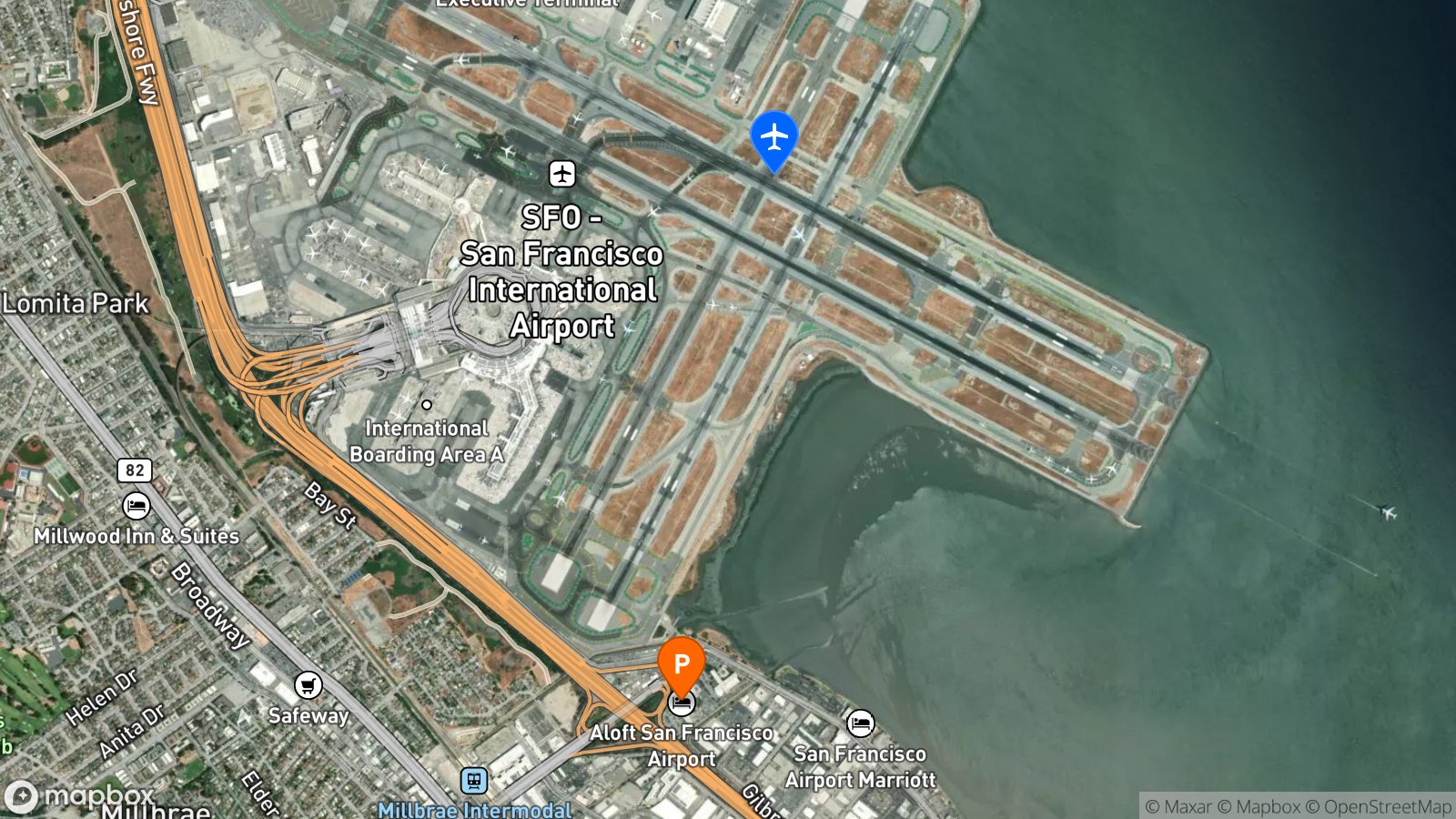 Satellite view of parking lot and SFO airport