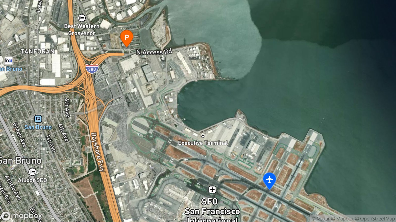 Satellite view of parking lot and SFO airport