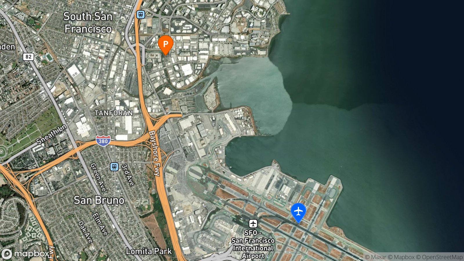 Satellite view of parking lot and SFO airport